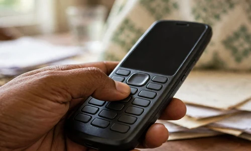 fingers typing on a phone keypad with the screen turned away, blurred paperwork behind