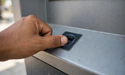 Biometric fingerprint scanner on a partner bank ATM