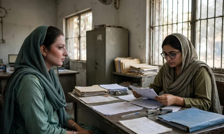 Khwaja Sira applicant at a BISP tehsil office registration desk in Pakistan