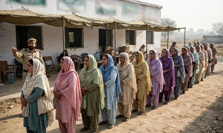 Women beneficiaries in a queue at a BISP payment centre campsite in Punjab