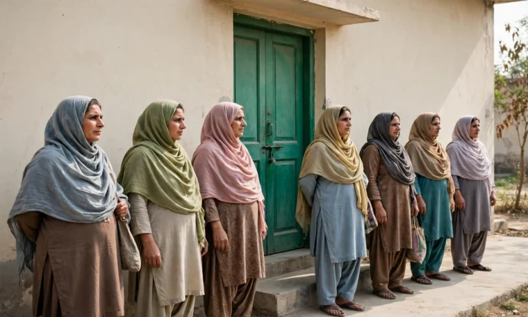 a 1000x600 documentary photo of beneficiaries queueing outside a BISP tehsil office for the resurvey