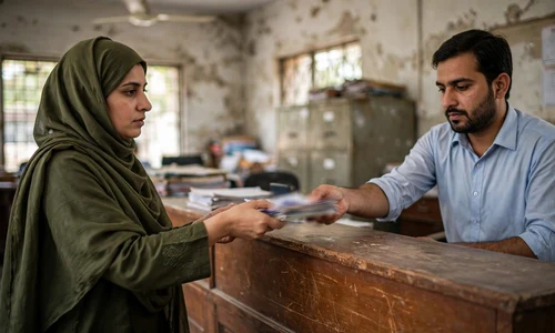 a beneficiary handing documents to a clerk at the survey desk