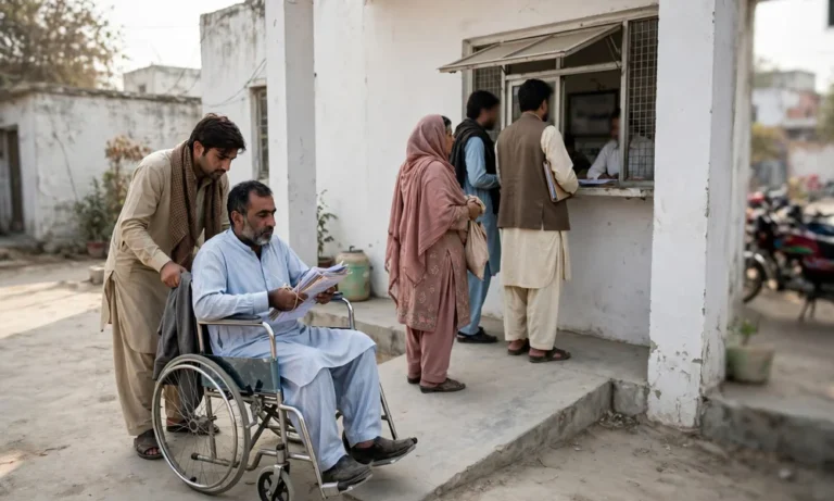 Man in a wheelchair submitting documents at a BISP tehsil office service window