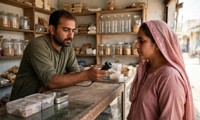 A Pakistani woman completes biometric verification at a mobile wallet retailer counter to withdraw her BISP payment.