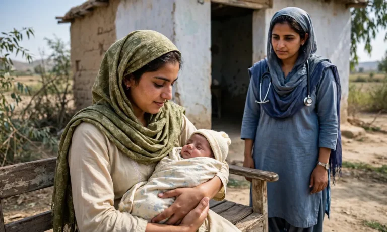 Young Pakistani mother holding her infant outside a rural health centre with a lady health worker