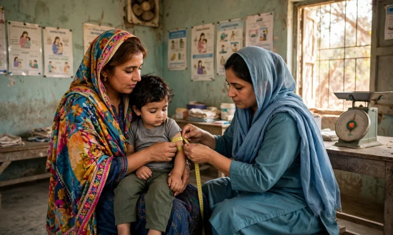 Lady health worker measuring a child at a Nashonuma facilitation centre in Pakistan