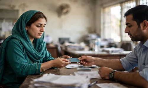 BISP registration at a tehsil office desk with CNIC verification