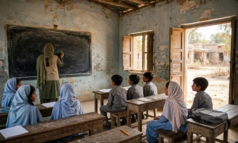 Pakistani schoolgirls and schoolboys seated in a rural classroom while the teacher writes on the blackboard