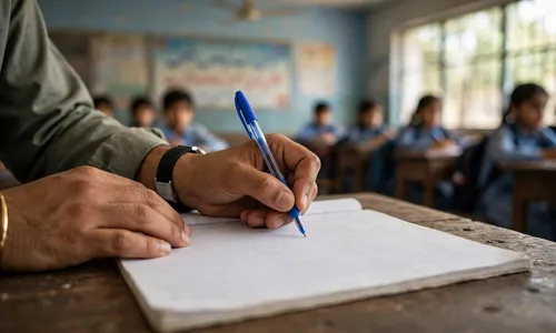 Teacher marking the daily attendance register with a pen in a Pakistani school classroom
