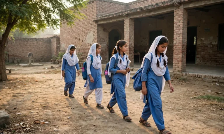 Pakistani schoolgirls in uniform entering their school under the BISP Taleemi Wazaif programme.