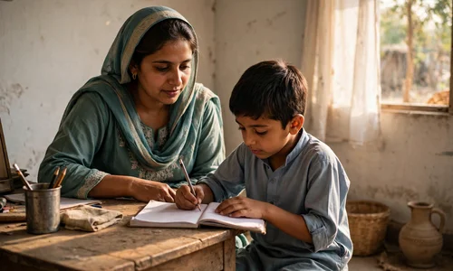 A Pakistani mother helps her son study at home while the Taleemi Wazaif stipend supports his schooling.